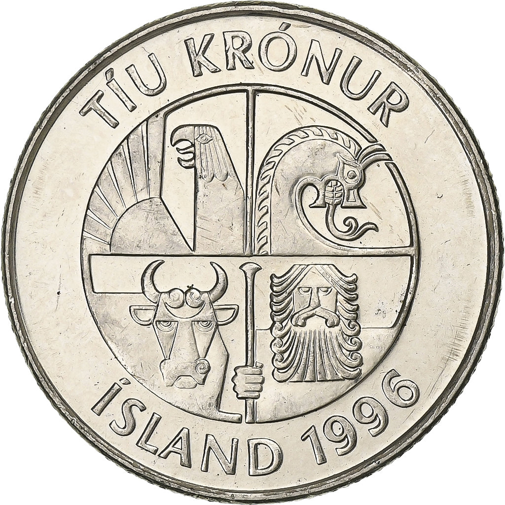 Islandia, 10 Kronur, 1996, Níquel chapado en acero, EBC, KM:29.1a