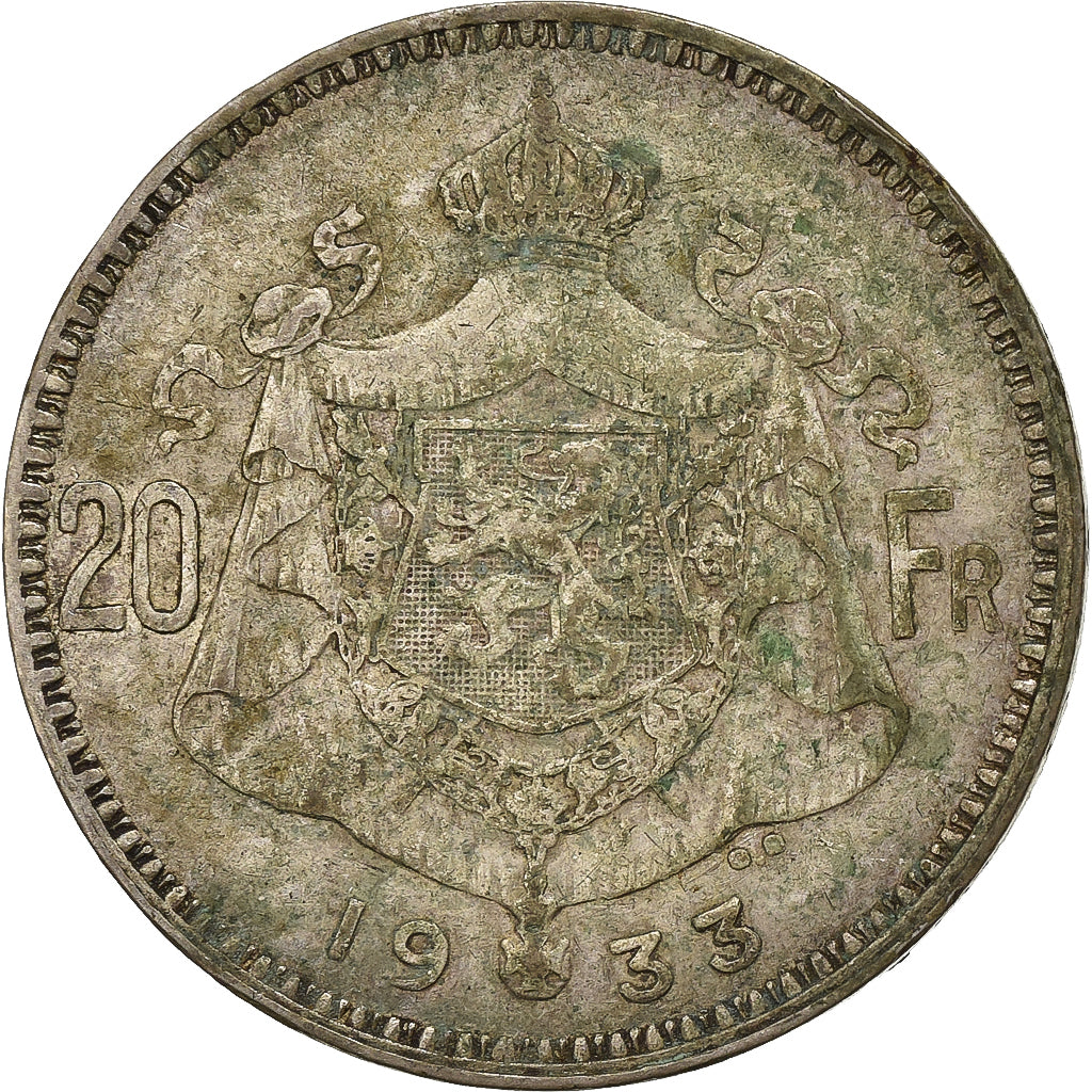 Belgium, 20 Francs, 20 Frank, 1933, Brussels, Silver, VF(20-25), KM:104.1