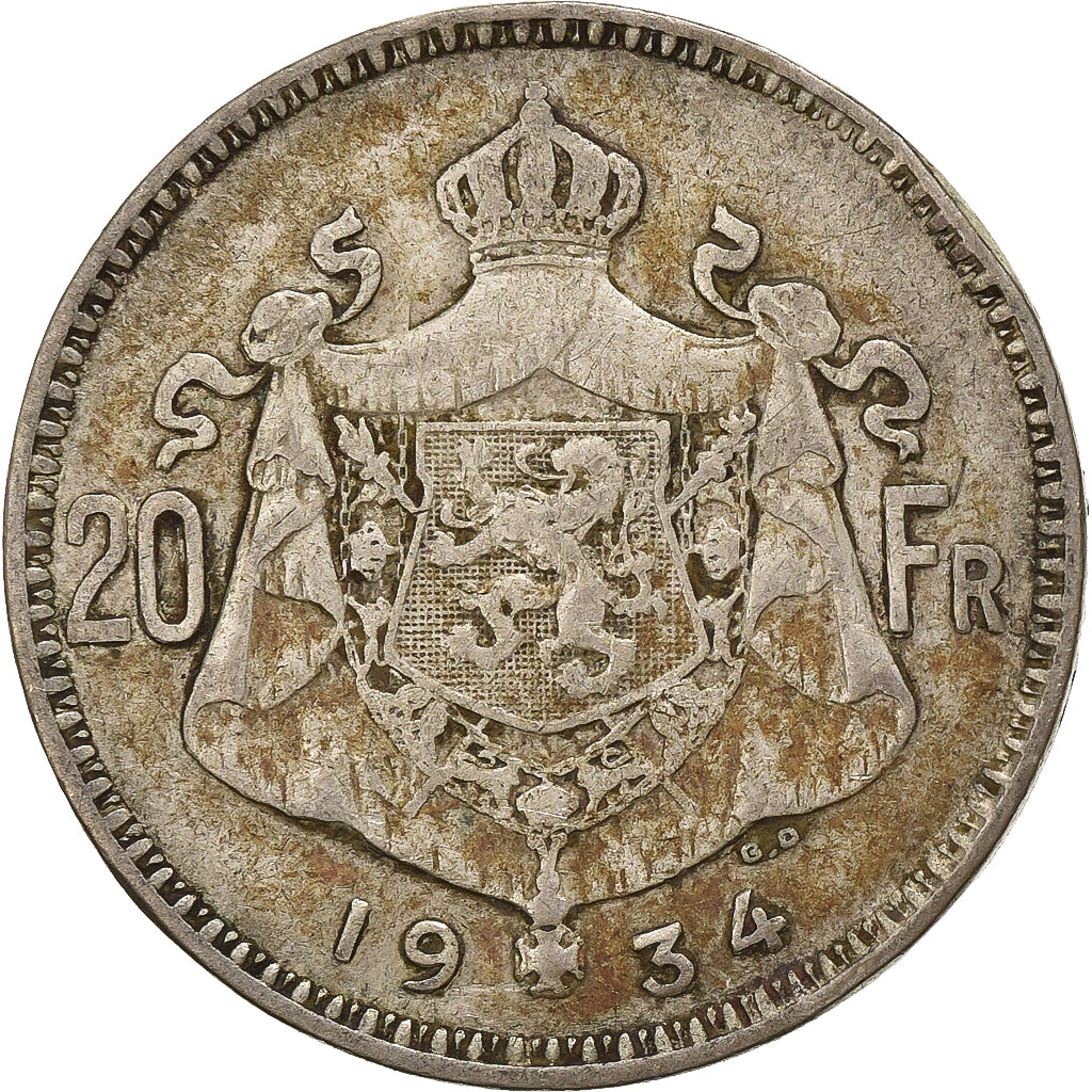 Belgium, 20 Francs, 20 Frank, 1934, Silver, VF(20-25), KM:103.1