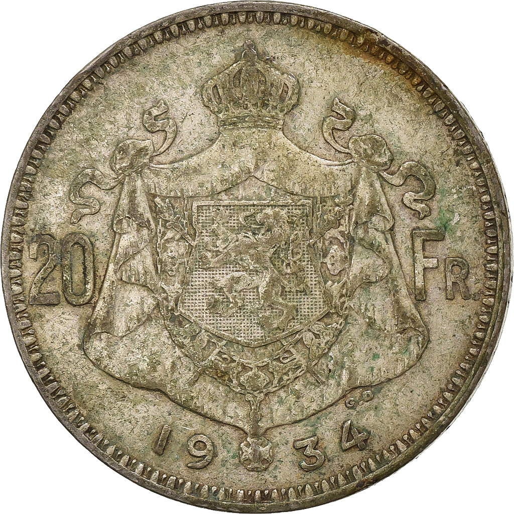 Belgio, 20 Francs, 20 Frank, 1934, Argento, MB, KM:103.1