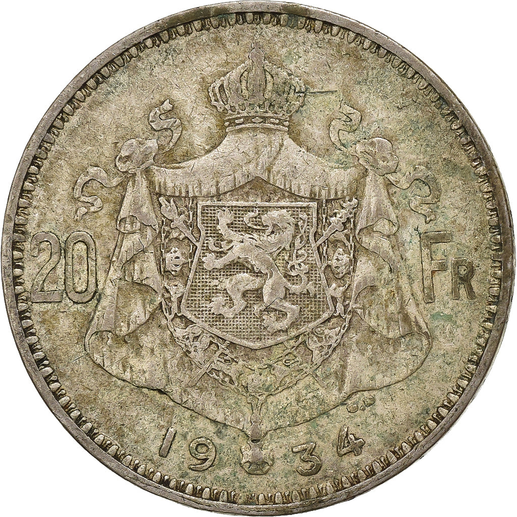Belgium, 20 Francs, 20 Frank, 1934, Silver, VF(20-25), KM:103.1