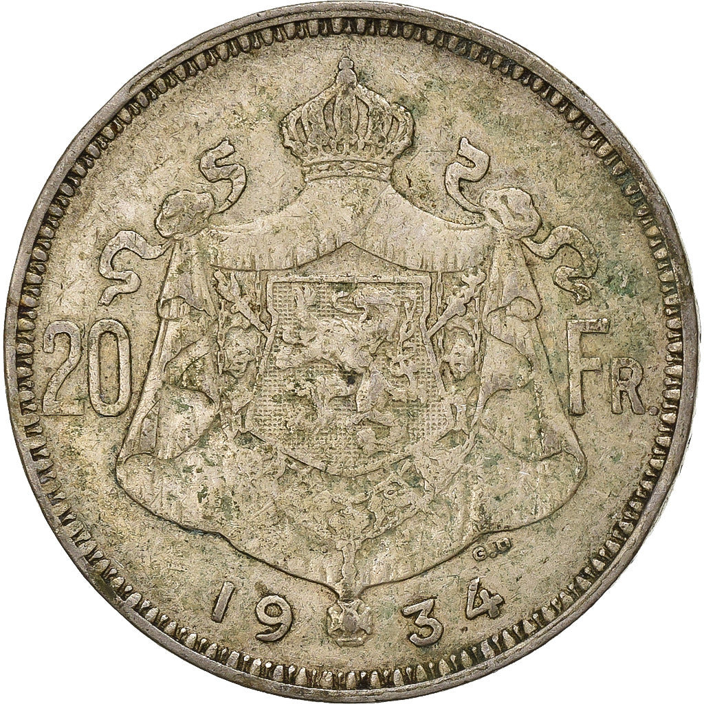 Belgium, 20 Francs, 20 Frank, 1934, Silver, VF(20-25), KM:103.1