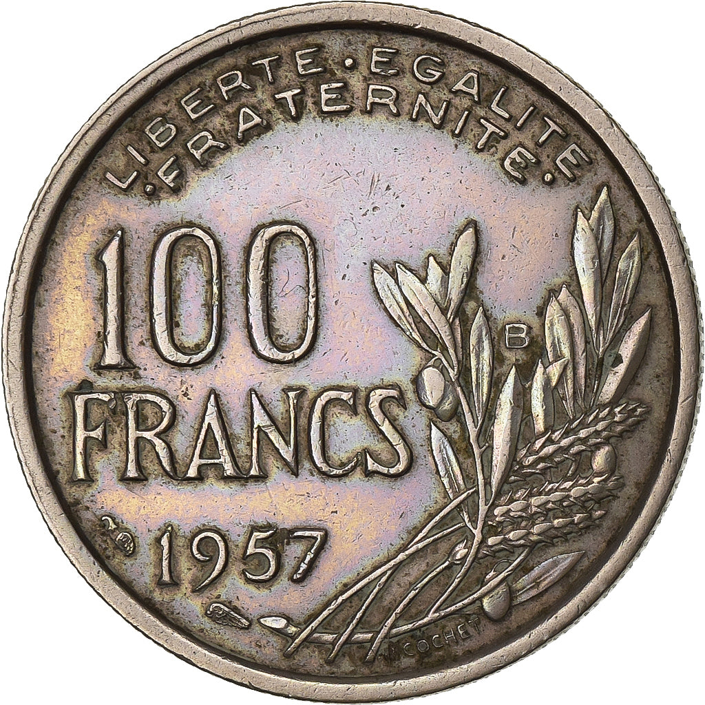 França, 100 Francs, Cochet, 1957, Beaumont - Le Roger, Cobre-níquel
