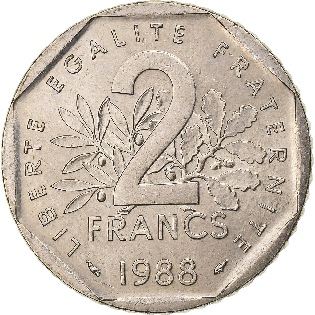 França, 2 Francs, Semeuse, 1988, Paris, Níquel, MS(60-62), Gadoury:547