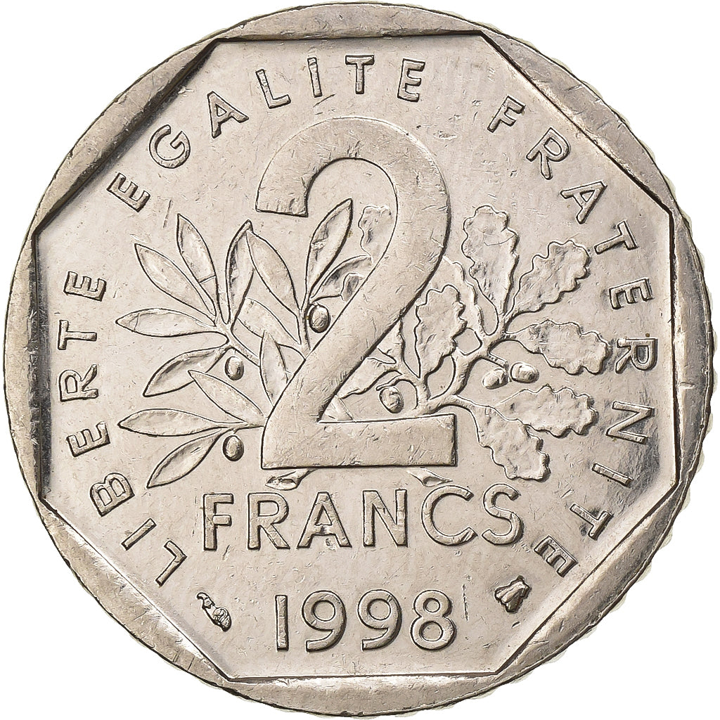 Francja, 2 Francs, Semeuse, 1998, Nikiel, EF(40-45), Gadoury:547, KM:942.2
