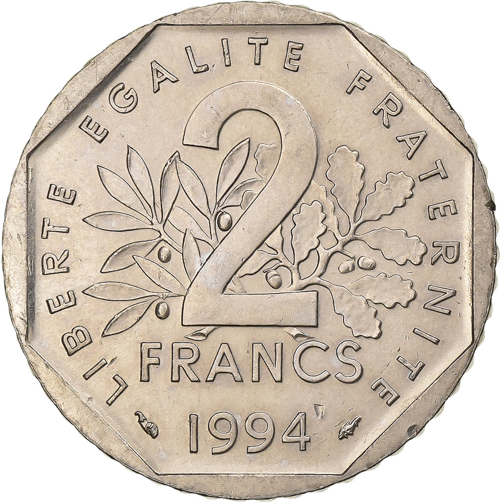 France, 2 Francs, Semeuse, 1994, Nickel, AU(55-58)