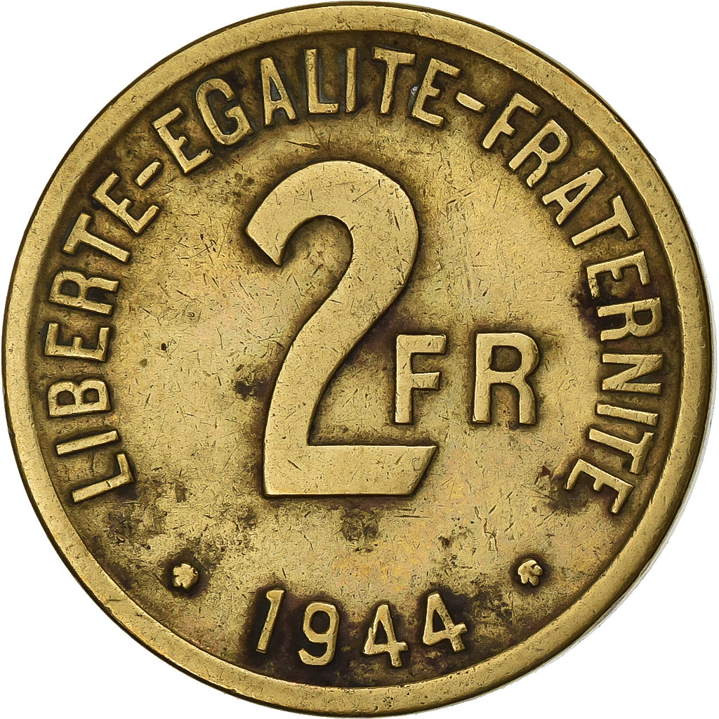 France, 2 Francs, France Libre, 1944, Philadelphia, Brass, VF(30-35), KM:905