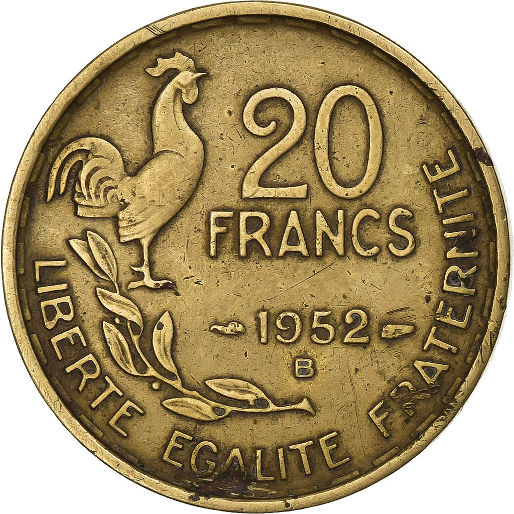 France, 20 Francs, Guiraud, 1952, Beaumont - Le Roger, Aluminum-Bronze