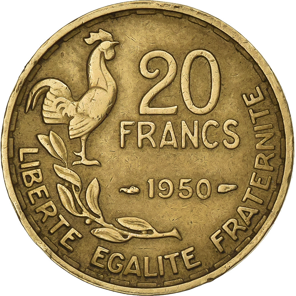 France, 20 Francs, Guiraud, 1950, Paris, Aluminum-Bronze, EF(40-45)