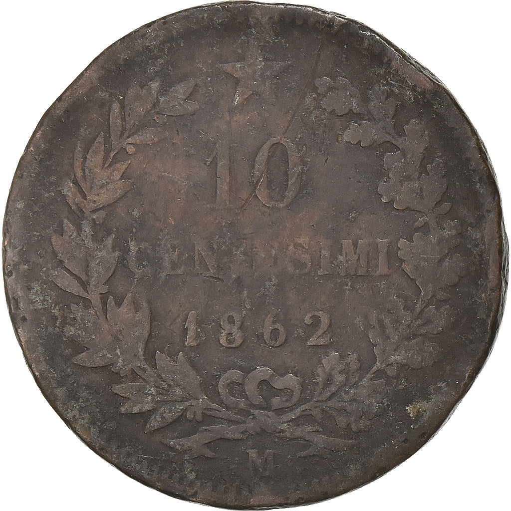 Italy, Vittorio Emanuele II, 10 Centesimi, 1862, Milan, Copper, F(12-15)