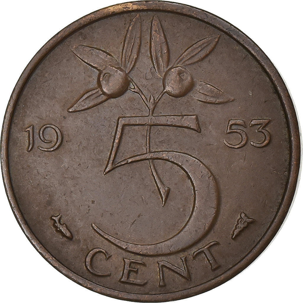 Holandia, Juliana, 5 Cents, 1953, Brązowy, AU(50-53), KM:181