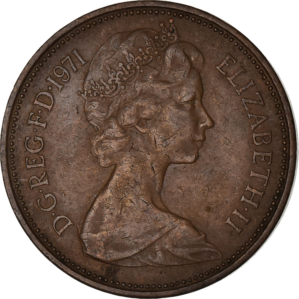 Gran Bretaña, Elizabeth II, 2 New Pence, 1971, Bronce, BC+, KM:916