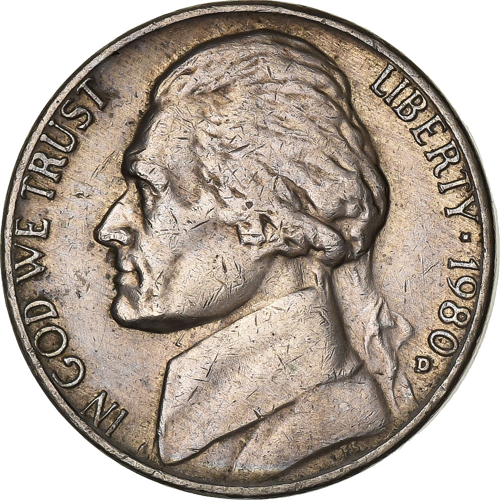 USA, 5 Cents, Jefferson Nickel, 1980, U.S. Mint, Miedź-Nikiel, EF(40-45)