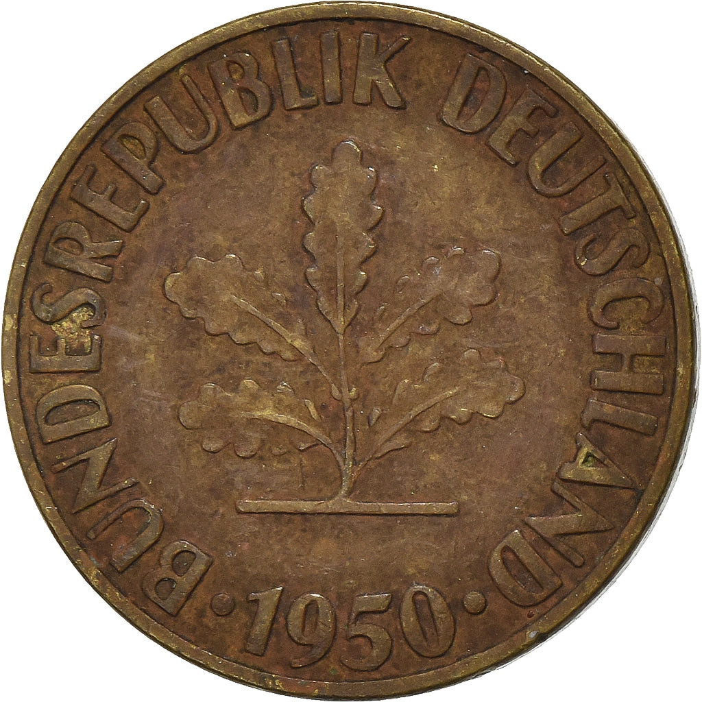 GERMANY - FEDERAL REPUBLIC, 10 Pfennig, 1950, Stuttgart, Brass Clad Steel