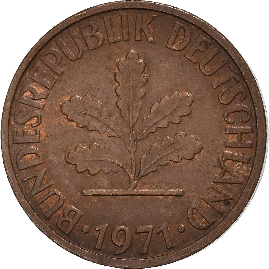 ALEMANIA - REPÚBLICA FEDERAL, 2 Pfennig, 1971, Stuttgart, Cobre chapado en