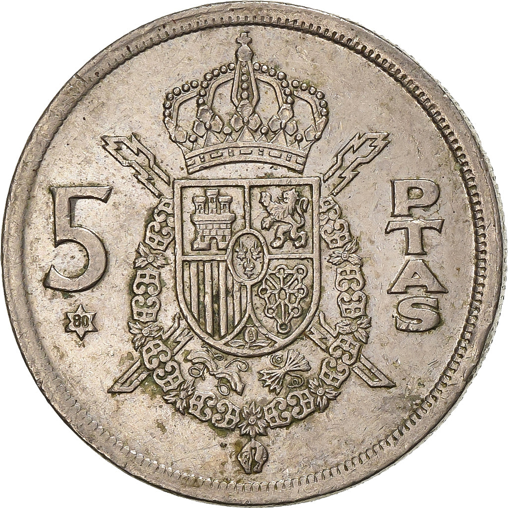 Spanien, Juan Carlos I, 5 Pesetas, 1980, Kupfer-Nickel, S+, KM:807
