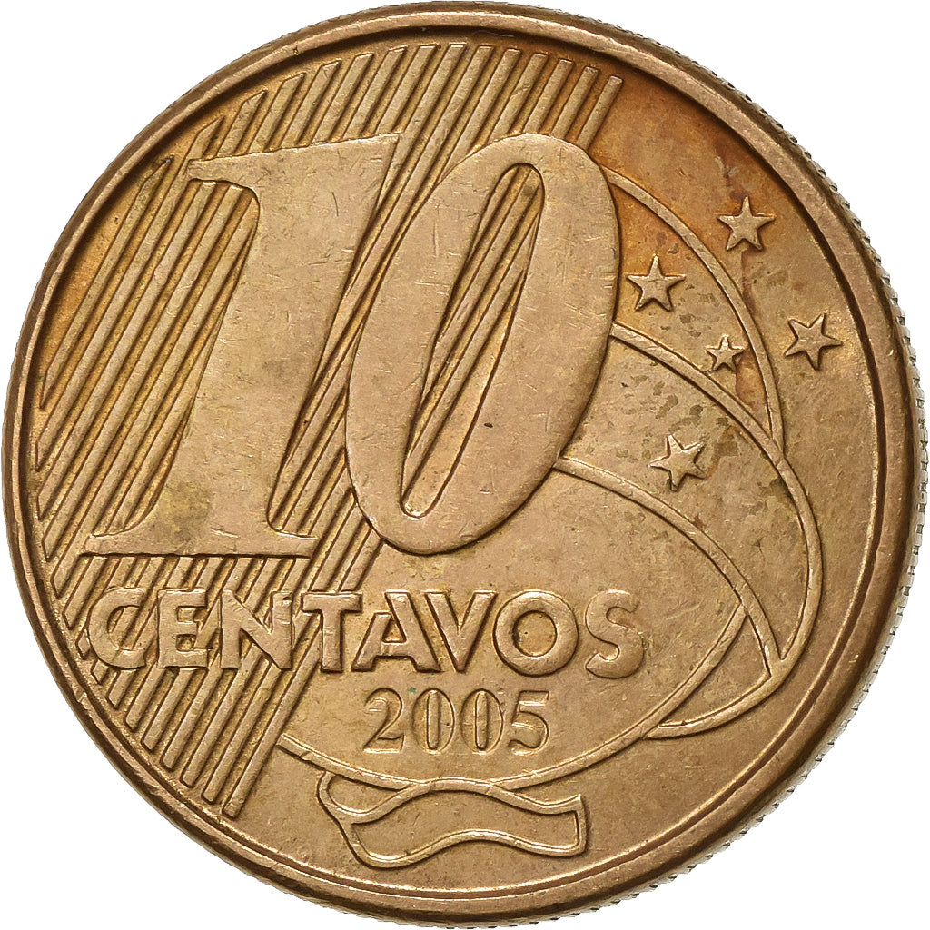 Brazylia, 10 Centavos, 2005, Brąz platerowany stalą, AU(50-53), KM:649.2