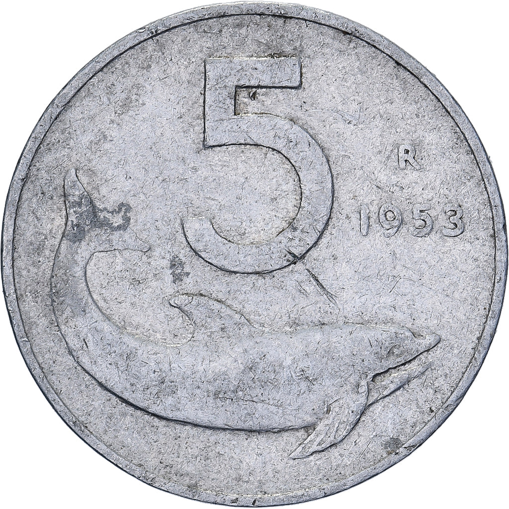 Italia, 5 Lire, 1953, Rome, Aluminio, BC+, KM:92