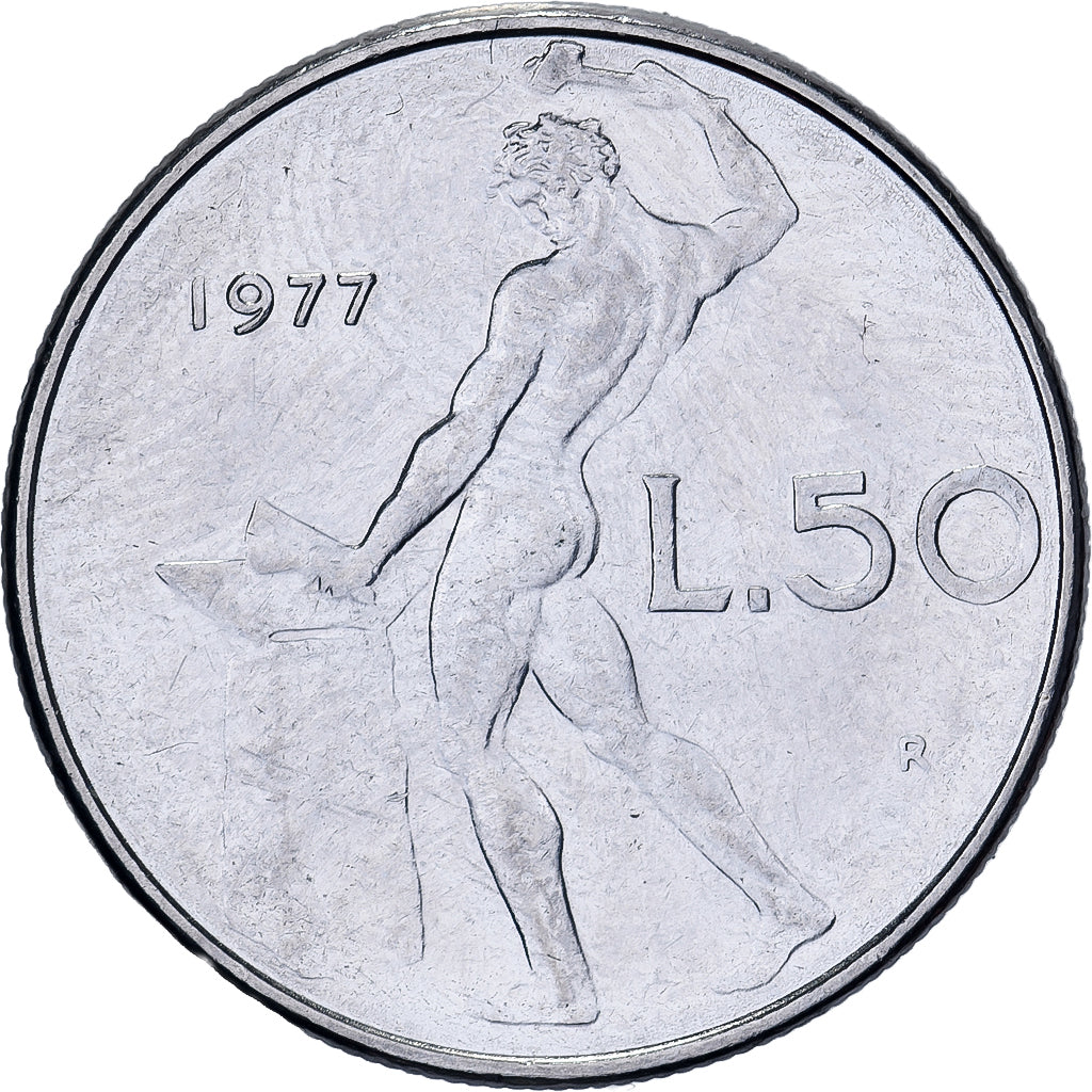 Italy, 50 Lire, 1977, Rome, Stainless Steel, AU(50-53), KM:95.1