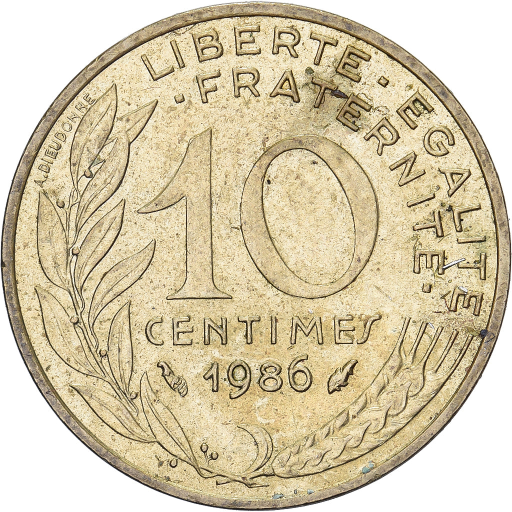 Francja, 10 Centimes, Marianne, 1986, Paris, Aluminium-Brąz, EF(40-45)
