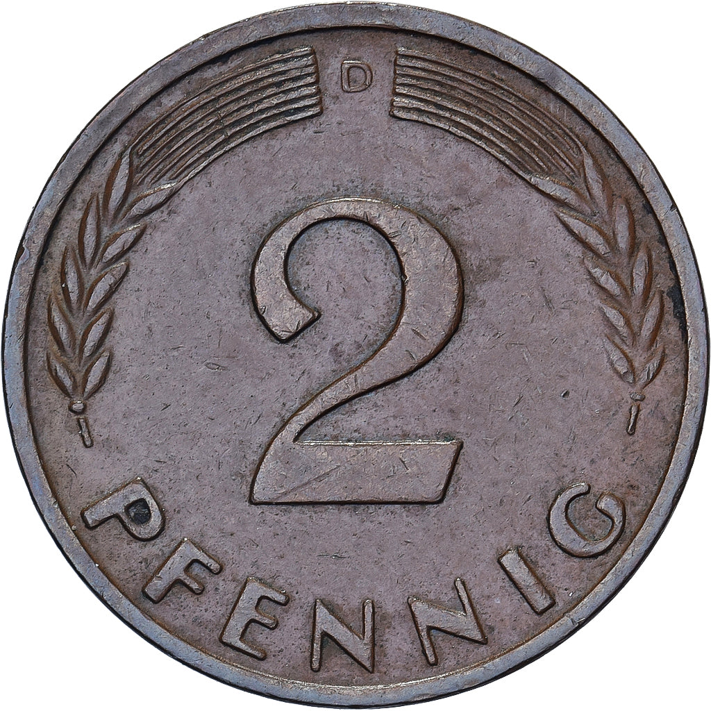 Federal Republic of Germany, 2 Pfennig, 1958, Munich, Bronze, EF(40-45), KM:106