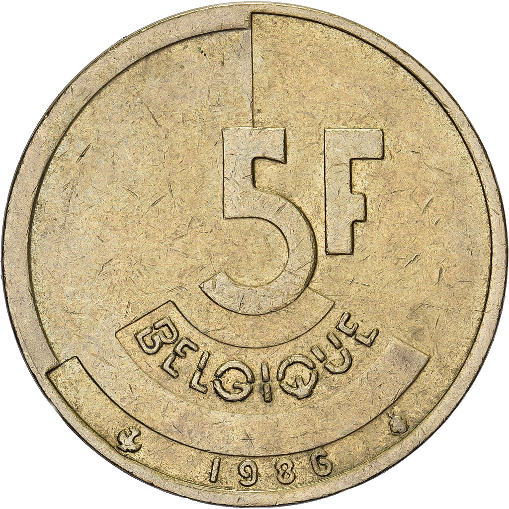 België, 5 Francs, 5 Frank, 1986, Brass Or Aluminum-Bronze, FR+, KM:163
