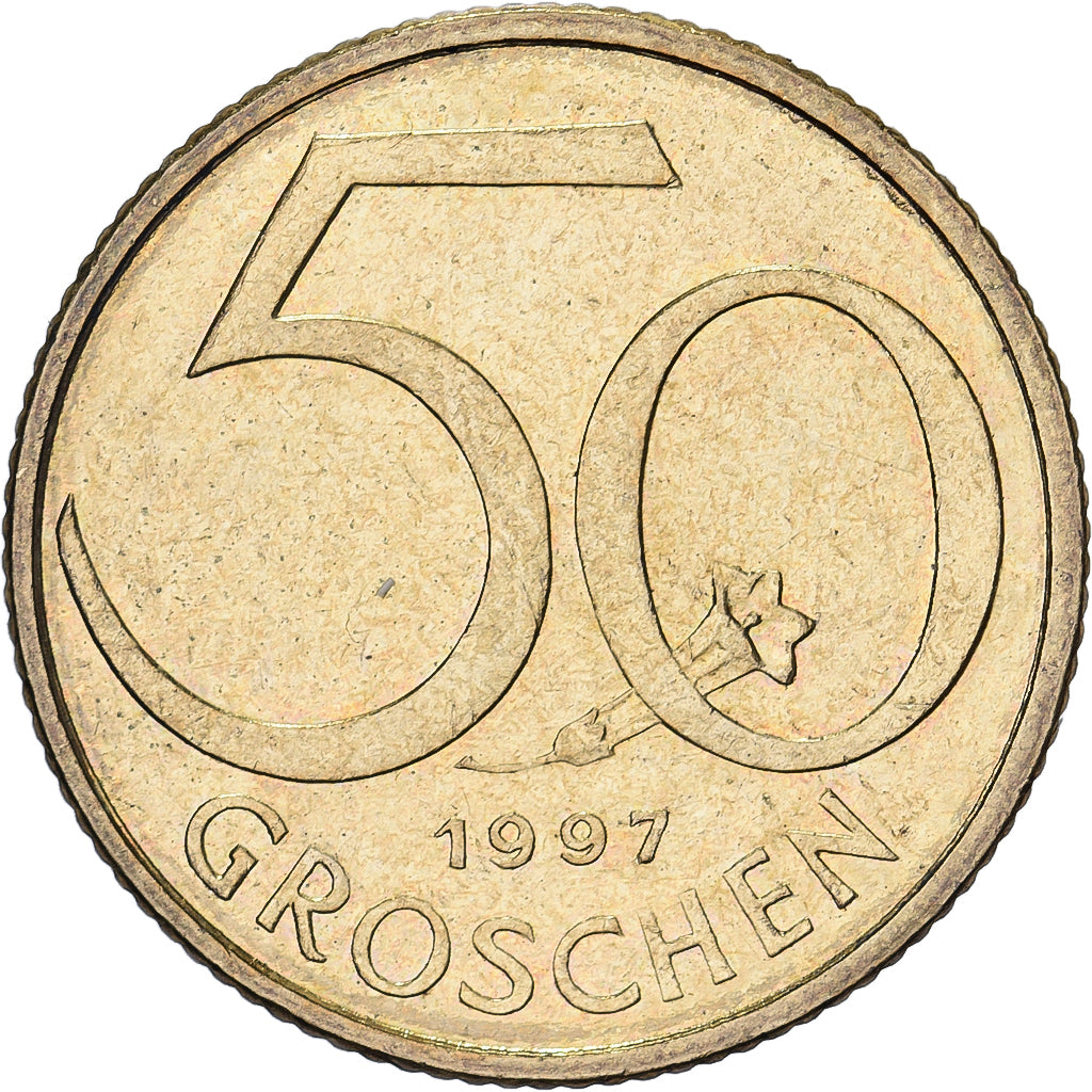 Austria, 50 Groschen, 1997, Aluminium-Brąz, AU(50-53), KM:2885