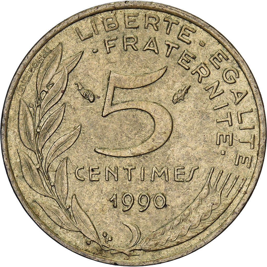 França, 5 Centimes, Marianne, 1990, Paris, Alumínio-Bronze, EF(40-45)