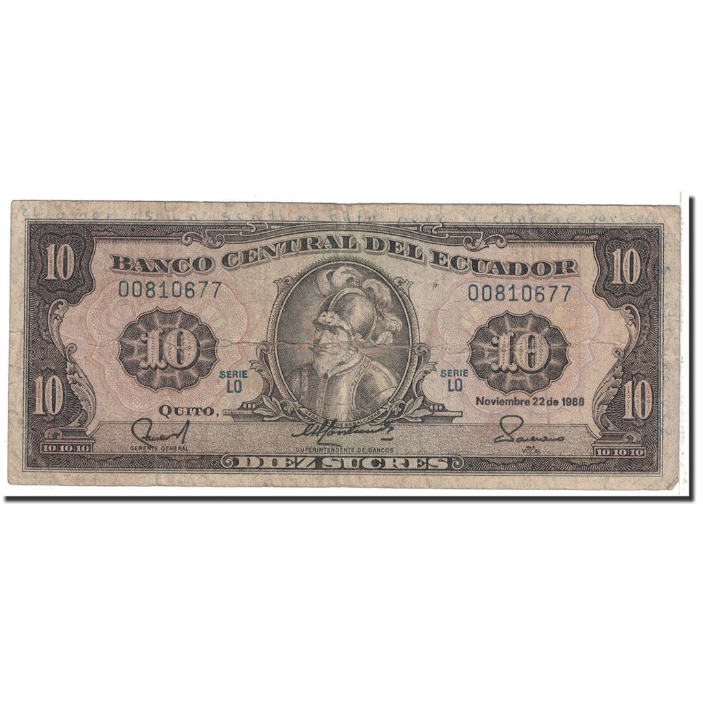 Banknote, Ecuador, 10 Sucres, 1988, 1988-11-22, KM:121, VG(8-10)