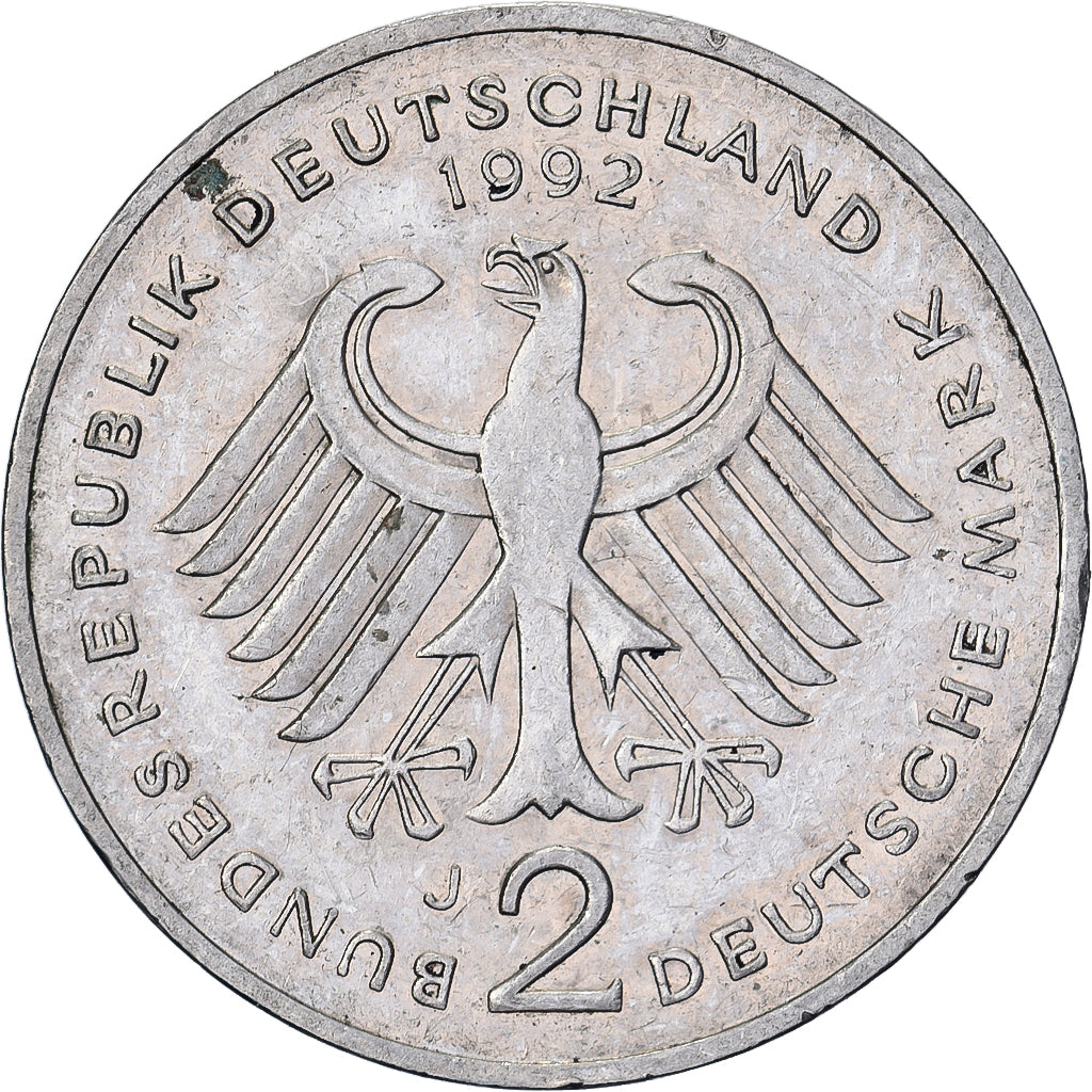 Niemcy, 2 Mark, 1992, Hambourg, Miedź-Nikiel niklowany, EF(40-45), KM:175