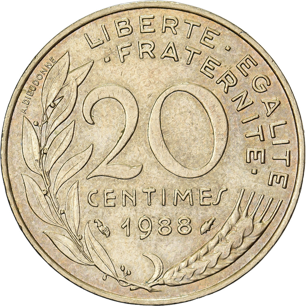 Francia, 20 Centimes, Marianne, 1988, Paris, Aluminio - bronce, MBC, KM:930