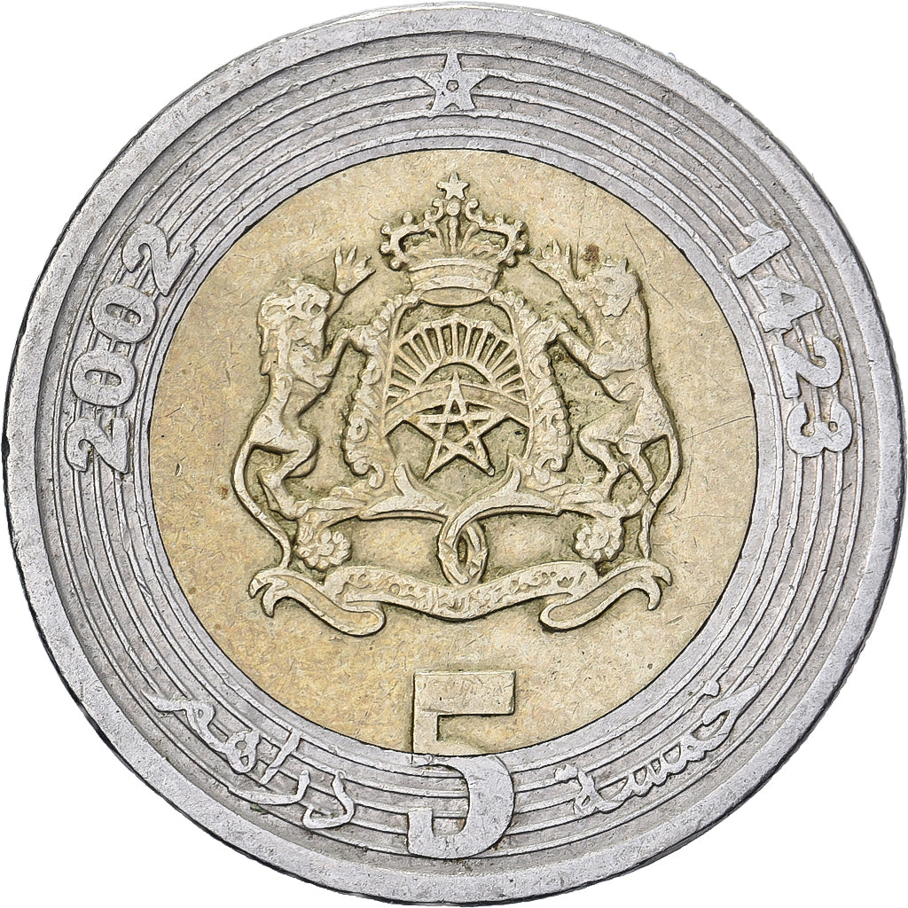 Marocco, Mohammed VI, 5 Dirhams, 2002/AH1423, Paris, Bi-metallico, MB+, KM:109