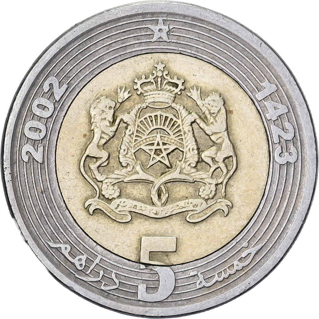 Marrocos, Mohammed VI, 5 Dirhams, 2002/AH1423, Paris, Bimetálico, EF(40-45)