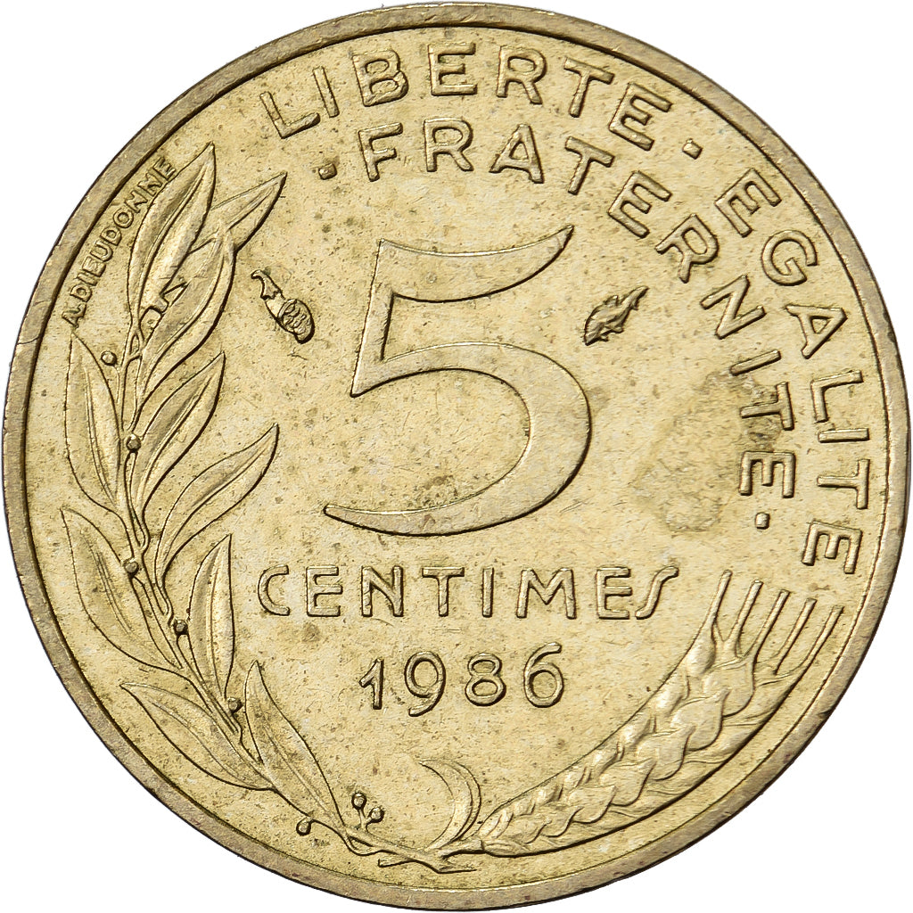 França, 5 Centimes, Marianne, 1986, Paris, Alumínio-Bronze, EF(40-45)