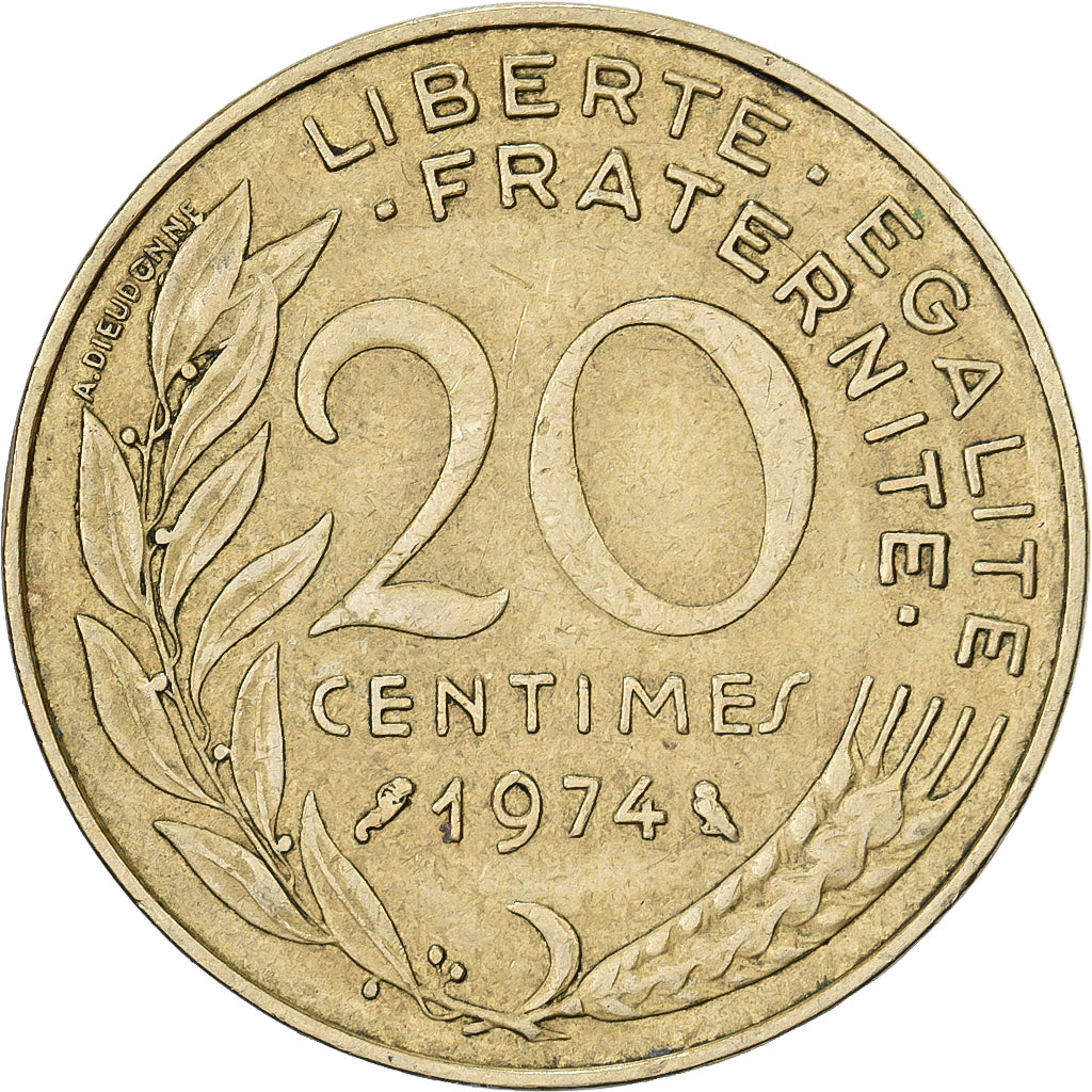 Francia, 20 Centimes, Marianne, 1974, Paris, Aluminio - bronce, MBC