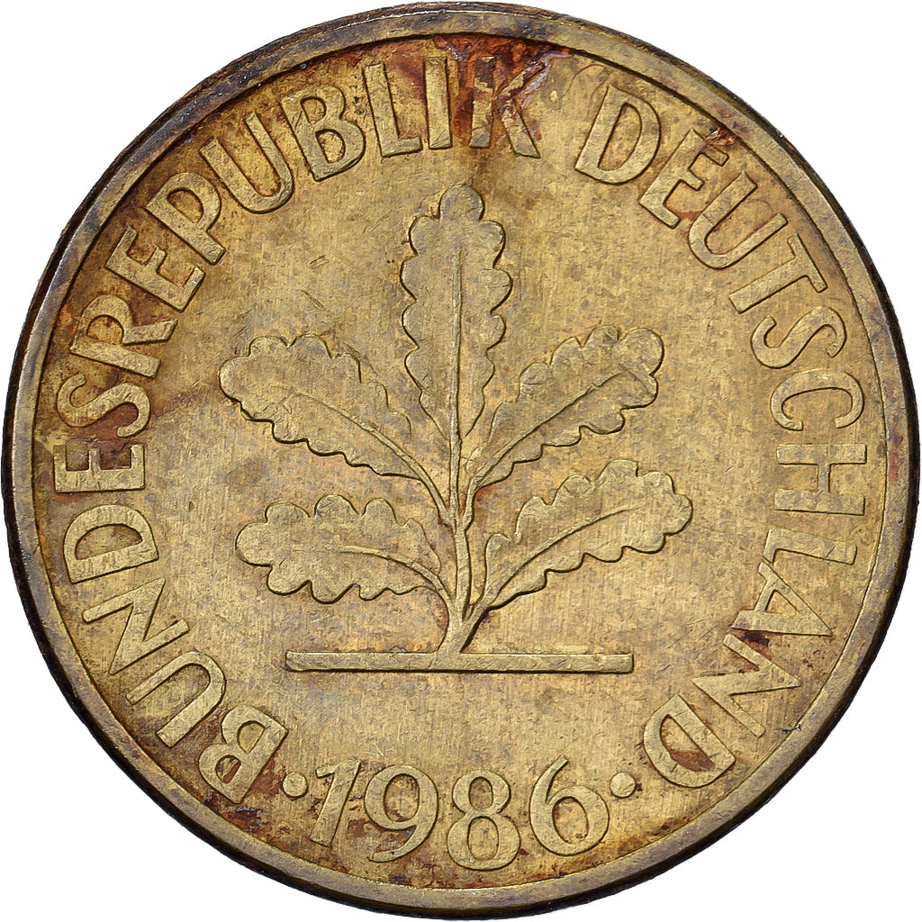 ALEMANIA - REPÚBLICA FEDERAL, 10 Pfennig, 1986, Hambourg, Latón recubierto de