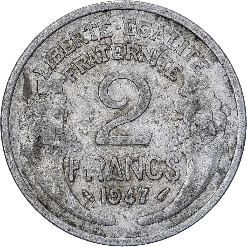 Francia, 2 Francs, Morlon, 1947, Paris, Aluminio, BC+, KM:886a.1