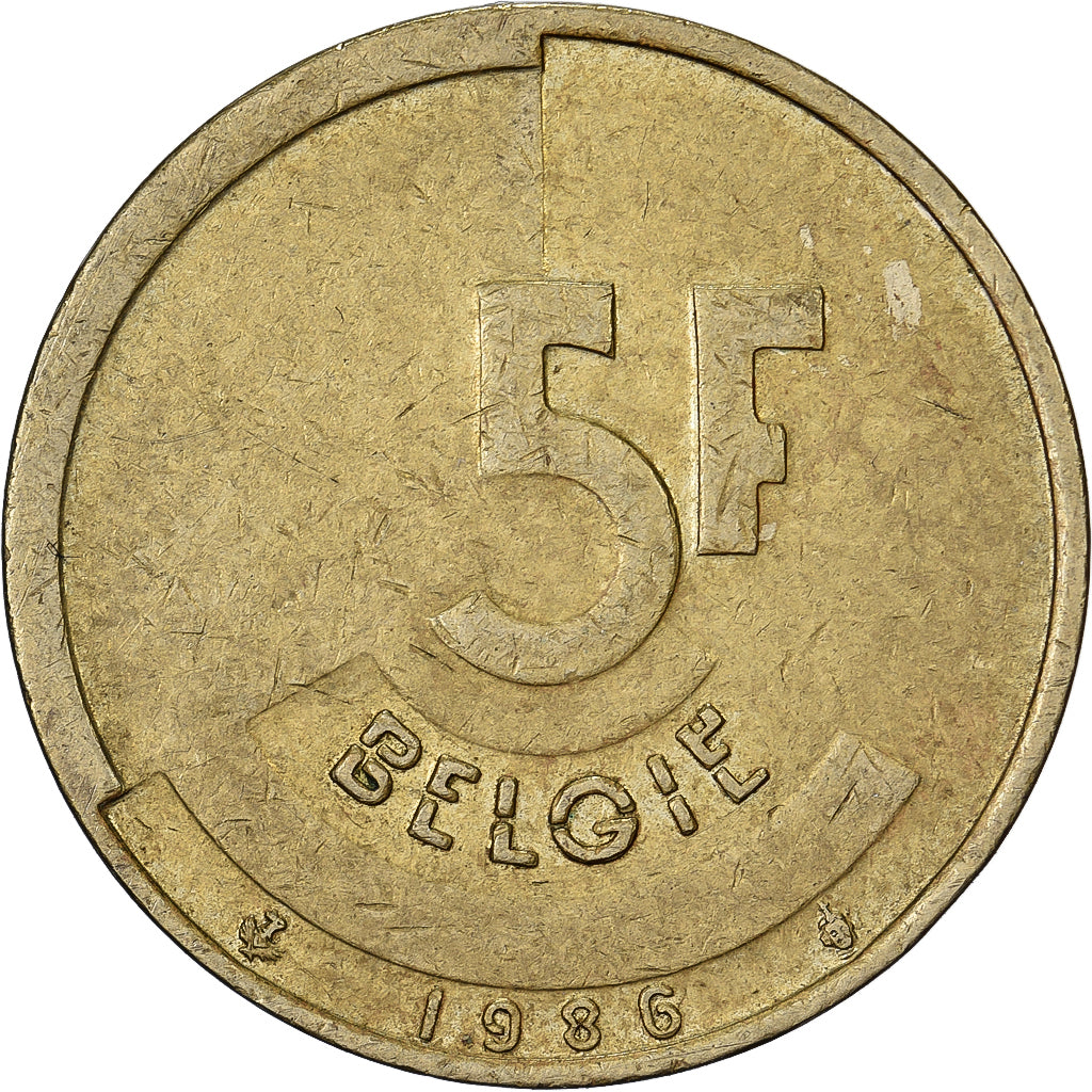 Belgia, 5 Francs, 5 Frank, 1986, Mosiądz lub aluminium-Brąz, EF(40-45), KM:163