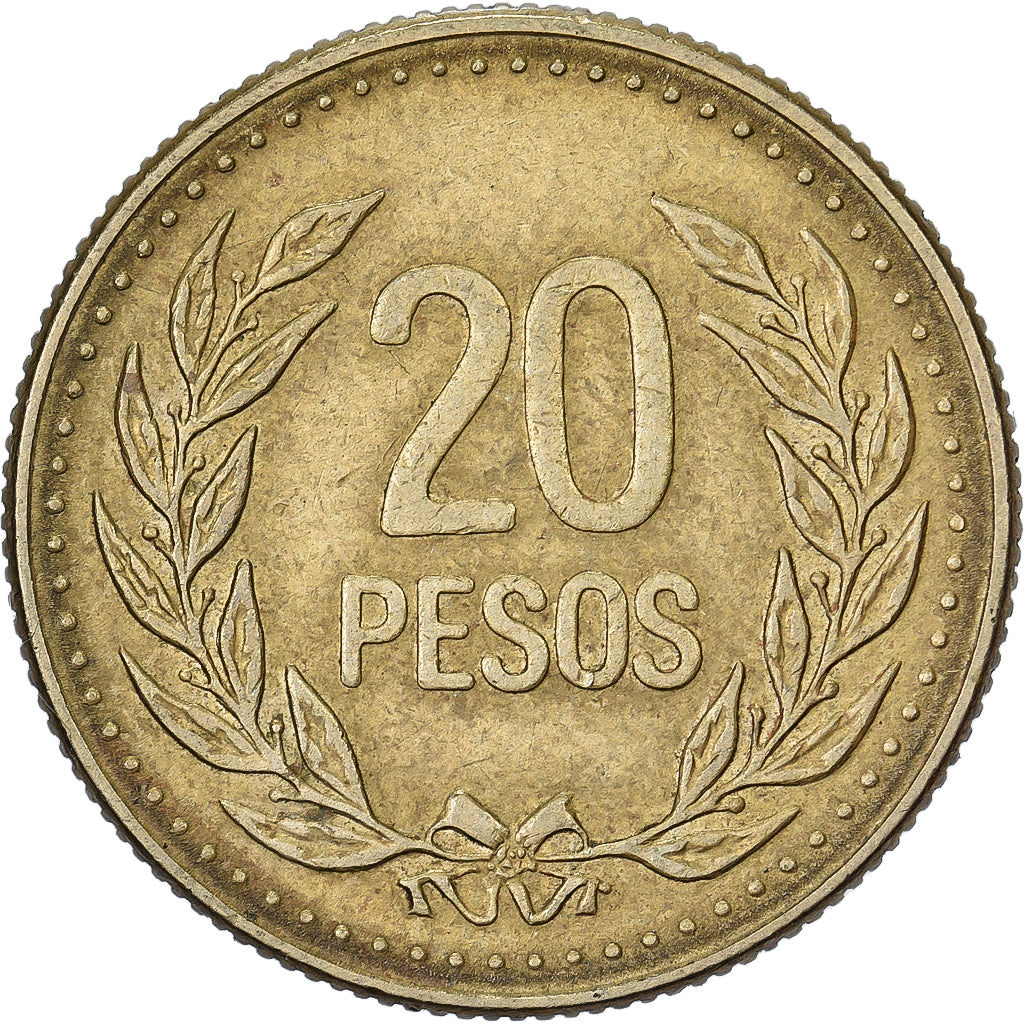 Colombia, 20 Pesos, 1990, Aluminio - bronce, MBC+, KM:282.1