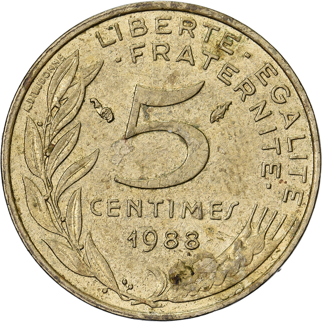 França, 5 Centimes, Marianne, 1988, Paris, Alumínio-Bronze, EF(40-45), KM:933