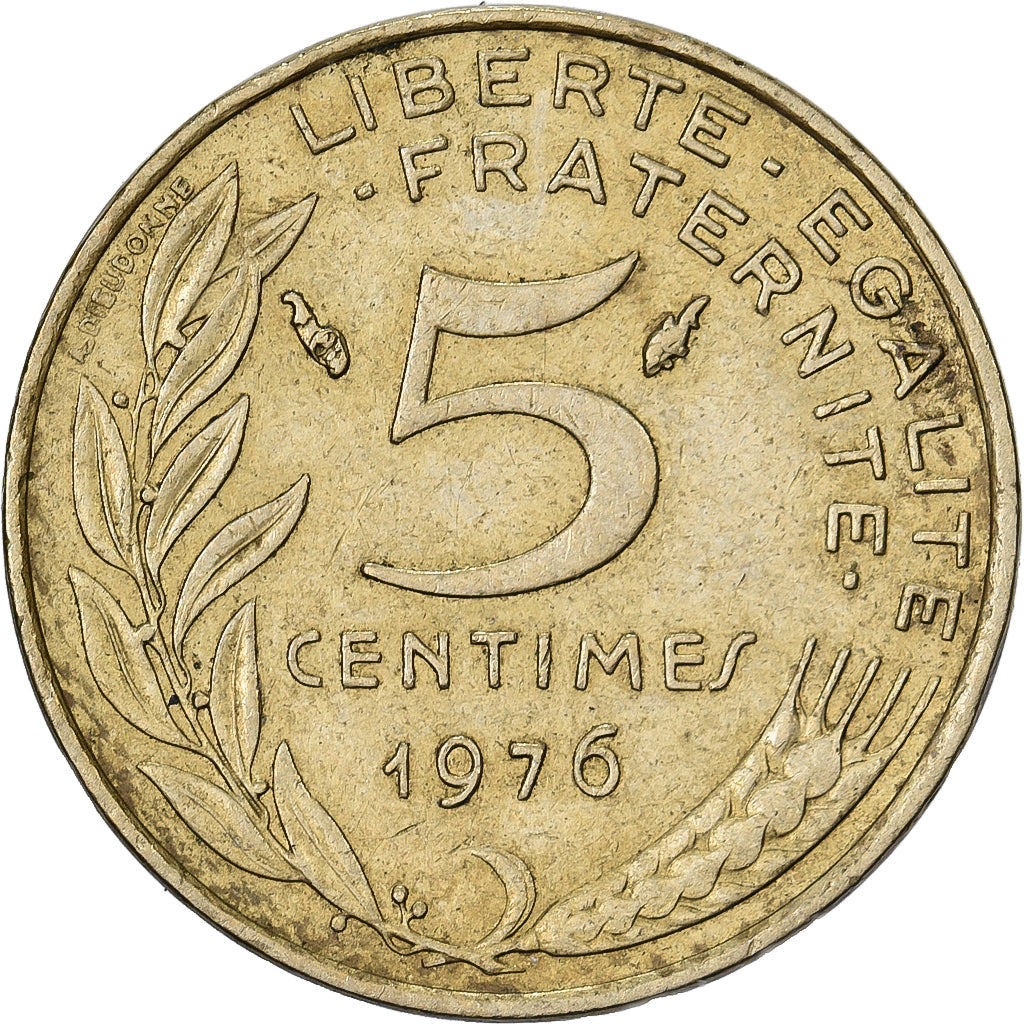 França, 5 Centimes, Marianne, 1976, Paris, Alumínio-Bronze, EF(40-45), Le