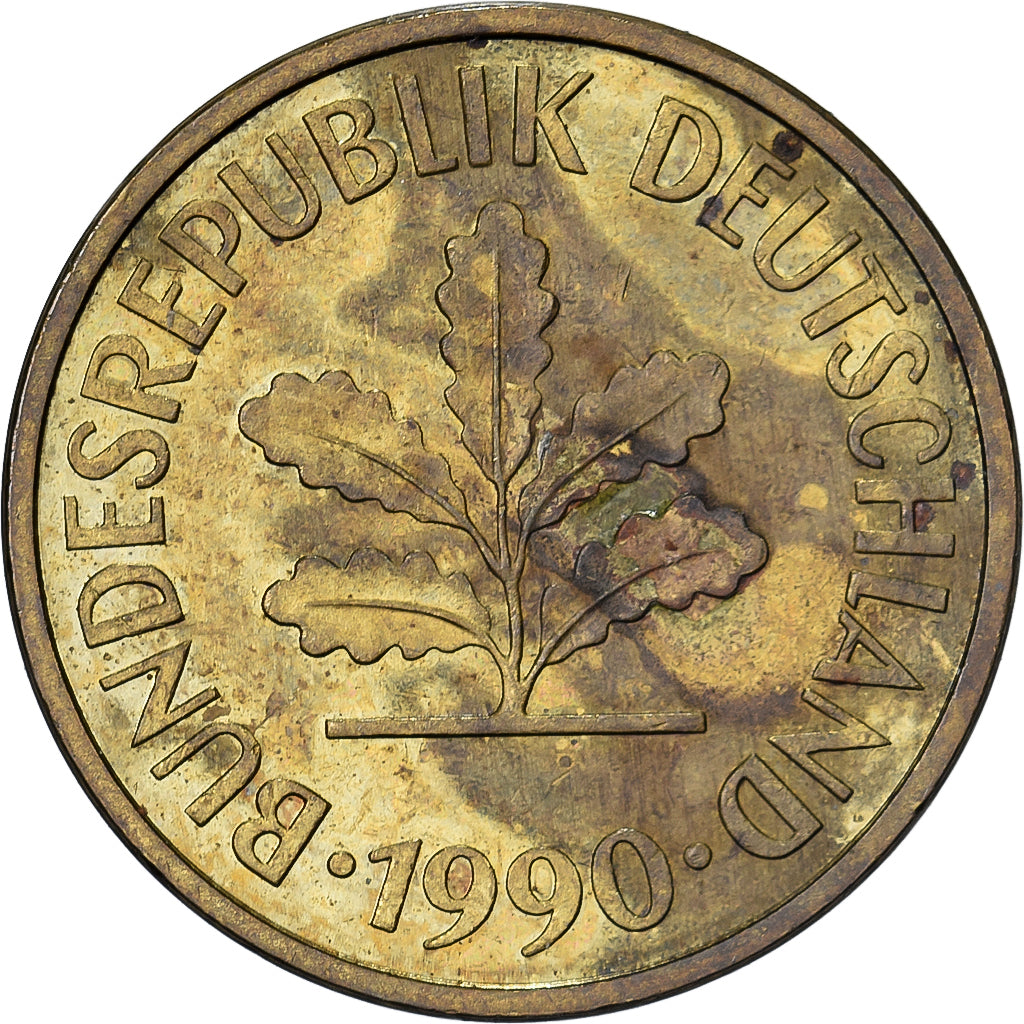 Niemcy - RFN, 5 Pfennig, 1990, Munich, Mosiądz powlekany stalą, EF(40-45)