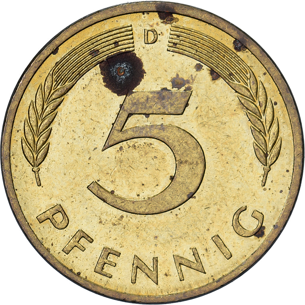Niemcy - RFN, 5 Pfennig, 1990, Munich, Mosiądz powlekany stalą, EF(40-45)