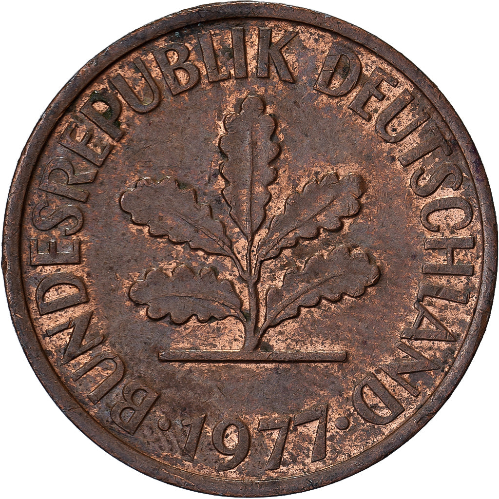 ALEMANIA - REPÚBLICA FEDERAL, 2 Pfennig, 1977, Stuttgart, Cobre chapado en