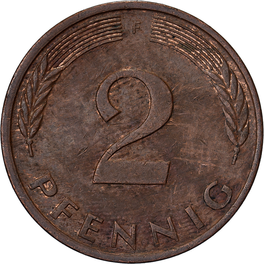 ALEMANIA - REPÚBLICA FEDERAL, 2 Pfennig, 1977, Stuttgart, Cobre chapado en
