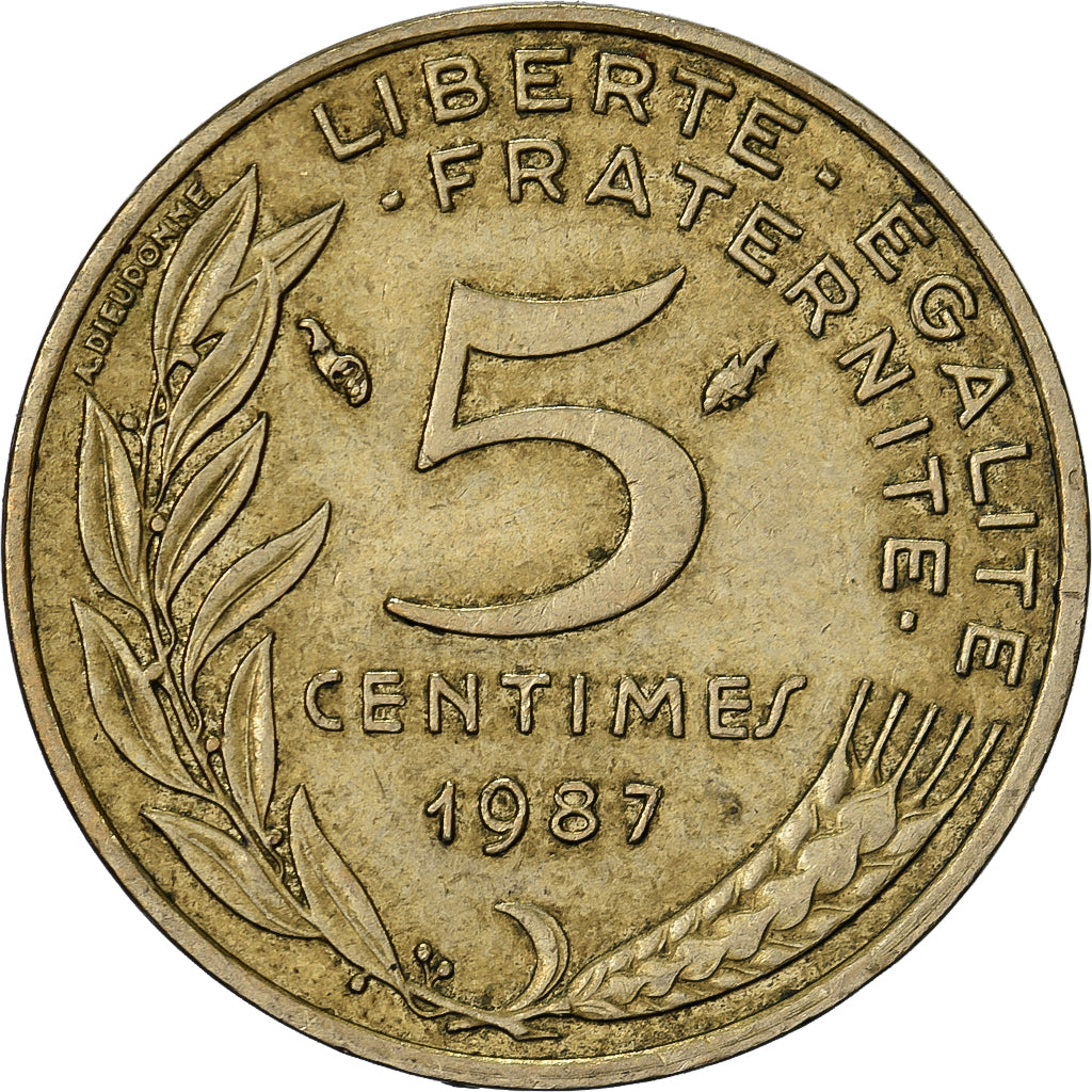 França, 5 Centimes, Marianne, 1987, Paris, Alumínio-Bronze, EF(40-45)