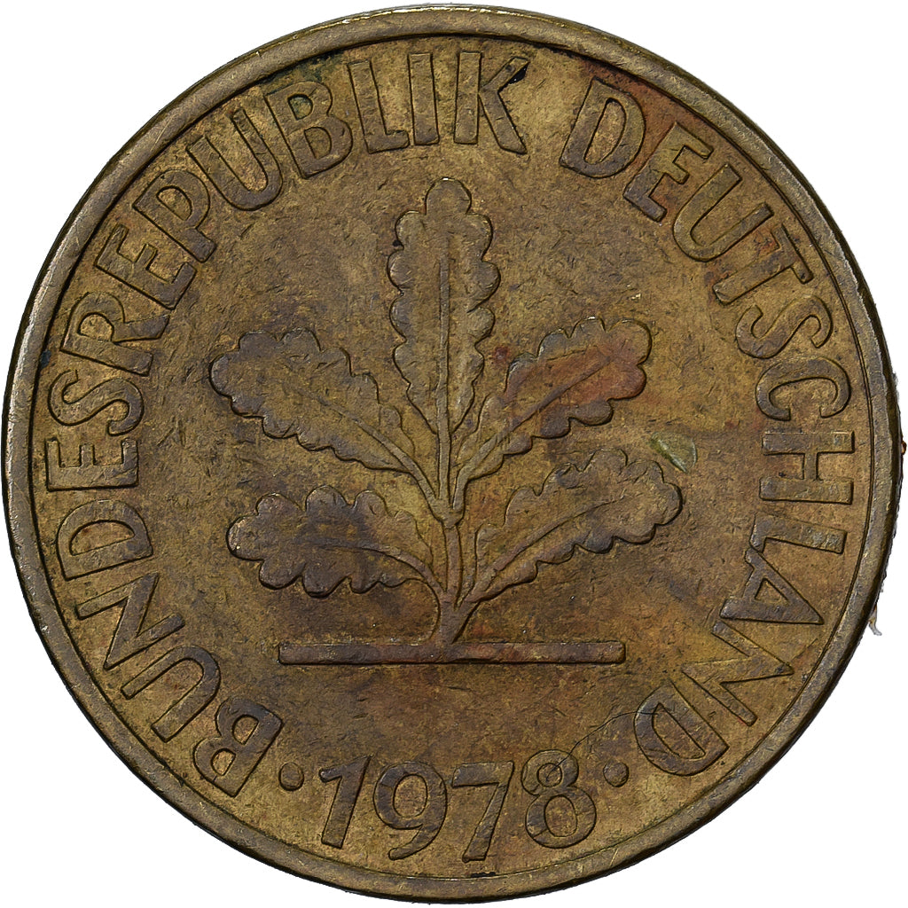 ALEMANIA - REPÚBLICA FEDERAL, 10 Pfennig, 1978, Karlsruhe, Latón recubierto de