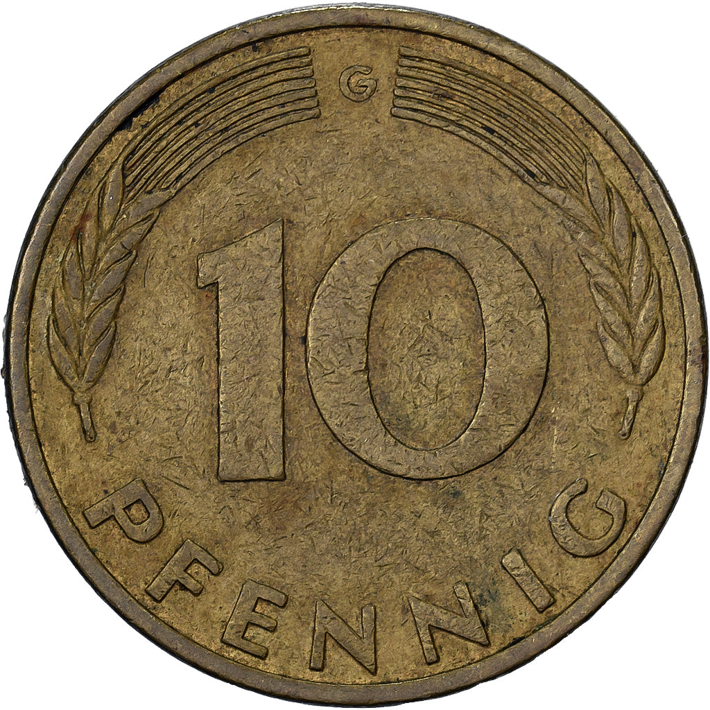 ALEMANIA - REPÚBLICA FEDERAL, 10 Pfennig, 1978, Karlsruhe, Latón recubierto de