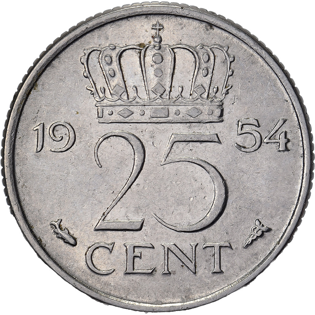 Países Bajos, Juliana, 25 Cents, 1954, Níquel, EBC, KM:183
