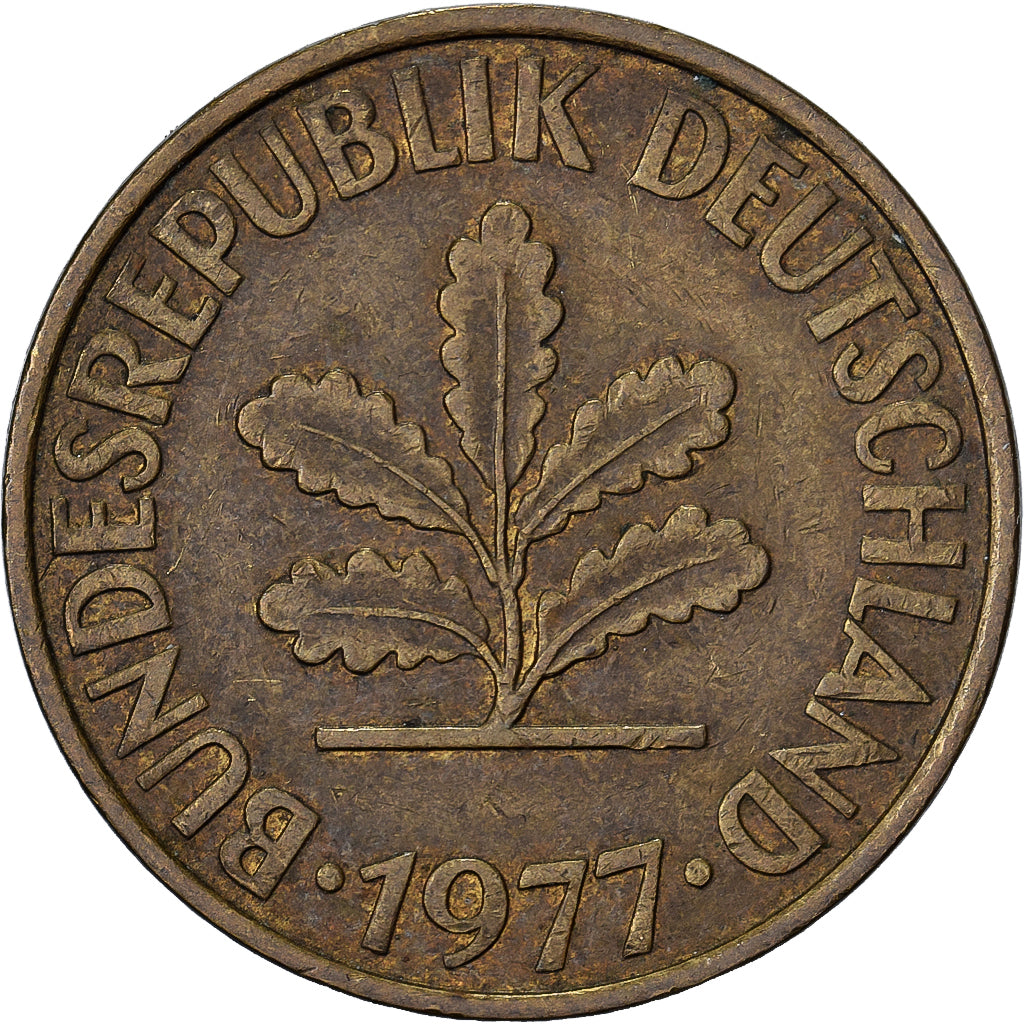 République fédérale d'Allemagne, 10 Pfennig, 1977, Stuttgart, Brass Clad